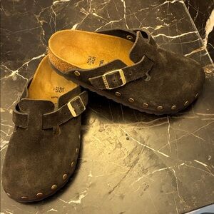 Birkenstock Boston  Brown Suede Mules with Studs and Gold Buckle